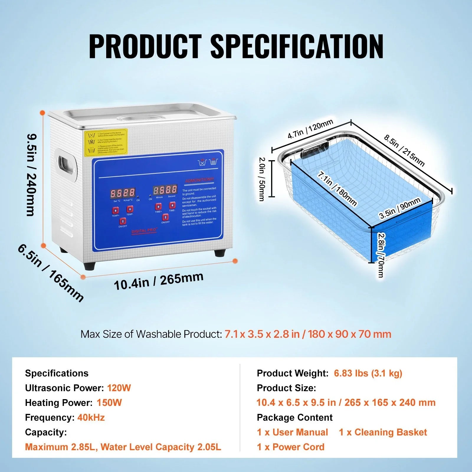 VEVOR Ultrasonic Cleaner Machine 3L Stainless Steel Ultrasonic Cleaning Machine Digital Heater Timer Jewelry Cleaning for Commercial Personal Home Use (3L) - Mekamart Australia