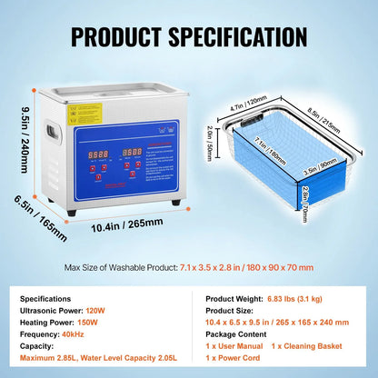 VEVOR Ultrasonic Cleaner Machine 3L Stainless Steel Ultrasonic Cleaning Machine Digital Heater Timer Jewelry Cleaning for Commercial Personal Home Use (3L) - Mekamart Australia