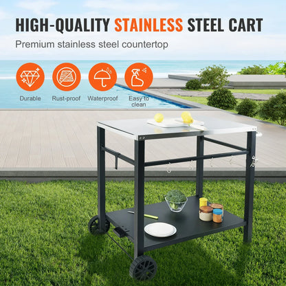 VEVOR Outdoor Grill Dining Cart with Double-Shelf, 85*55cm BBQ Movable Food Prep Table, Multifunctional Stainless Steel Table Top, Portable Modular Carts for Pizza Oven, Worktable with 2 Wheels, Carry Handle - Mekamart Australia