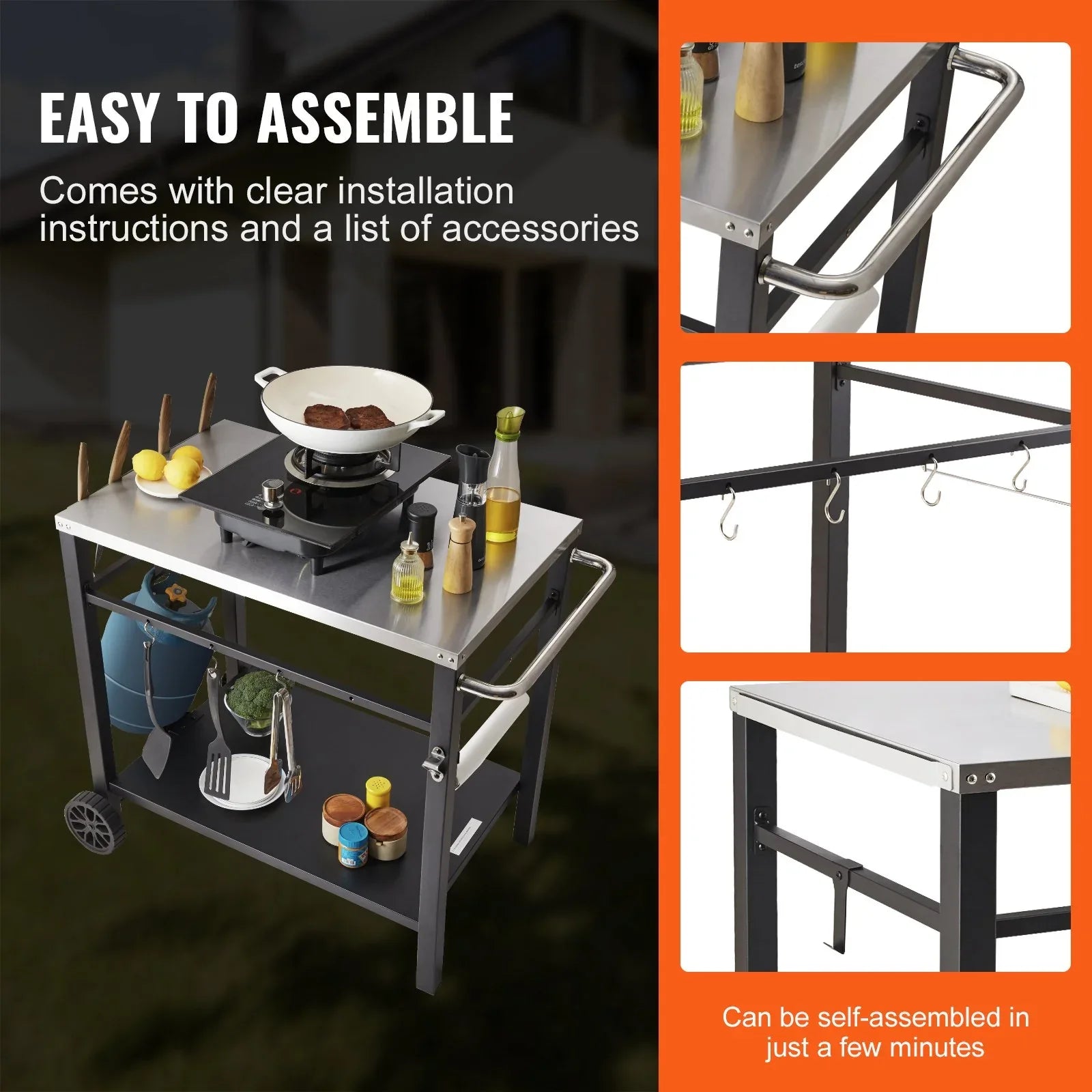 VEVOR Outdoor Grill Dining Cart with Double-Shelf, 85*55cm BBQ Movable Food Prep Table, Multifunctional Stainless Steel Table Top, Portable Modular Carts for Pizza Oven, Worktable with 2 Wheels, Carry Handle - Mekamart Australia