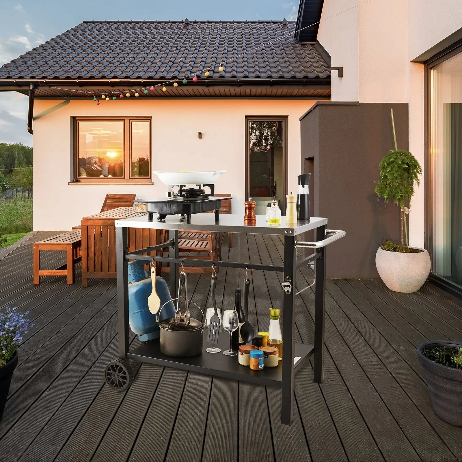 VEVOR Outdoor Grill Dining Cart with Double-Shelf, 85*55cm BBQ Movable Food Prep Table, Multifunctional Stainless Steel Table Top, Portable Modular Carts for Pizza Oven, Worktable with 2 Wheels, Carry Handle - Mekamart Australia
