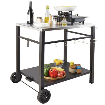VEVOR Outdoor Grill Dining Cart with Double-Shelf, 85*55cm BBQ Movable Food Prep Table, Multifunctional Stainless Steel Table Top, Portable Modular Carts for Pizza Oven, Worktable with 2 Wheels, Carry Handle - Mekamart Australia