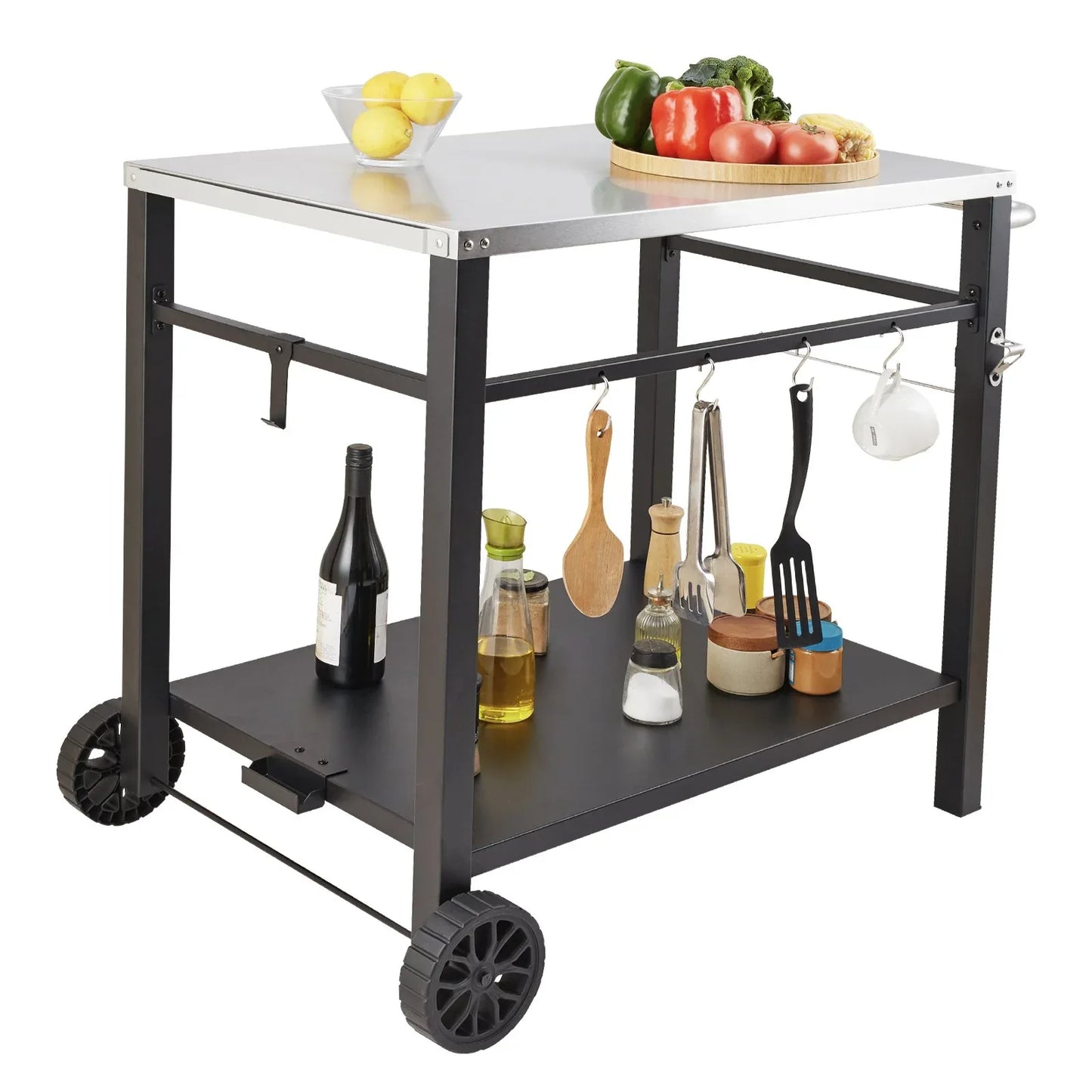 VEVOR Outdoor Grill Dining Cart with Double-Shelf, 85*55cm BBQ Movable Food Prep Table, Multifunctional Stainless Steel Table Top, Portable Modular Carts for Pizza Oven, Worktable with 2 Wheels, Carry Handle - Mekamart Australia