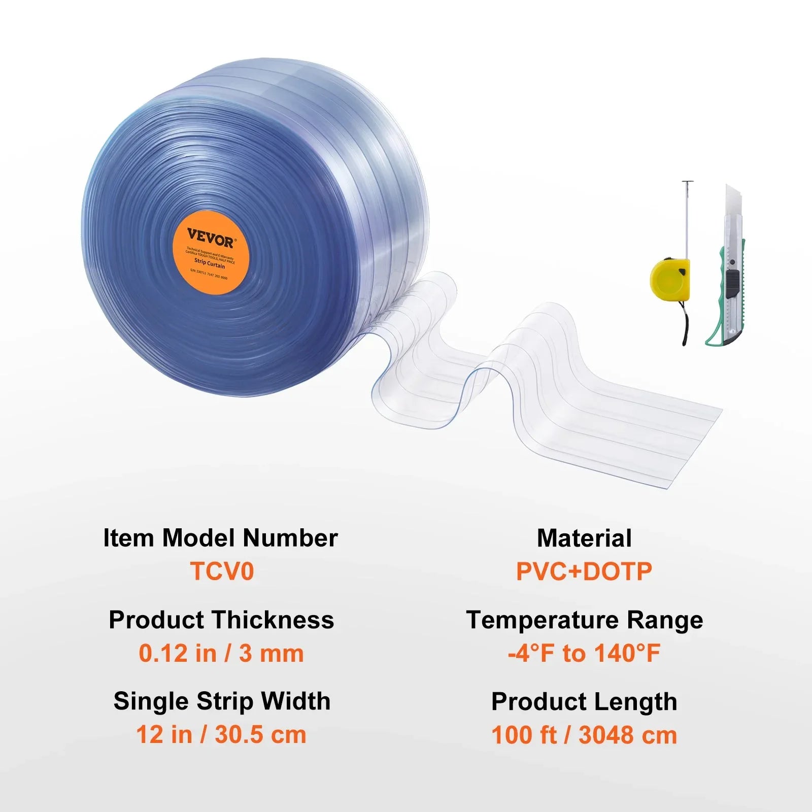 VEVOR Strip Curtain, 3048 cm L x 30.5 cm W x 3 mm Thickness, Clear Ribbed PVC Curtain Strip Door Bulk Roll, Plastic Door Strips for Doorway of Supermarket, Garage, Warehouse, Barn, Pet Animal House - Mekamart Australia