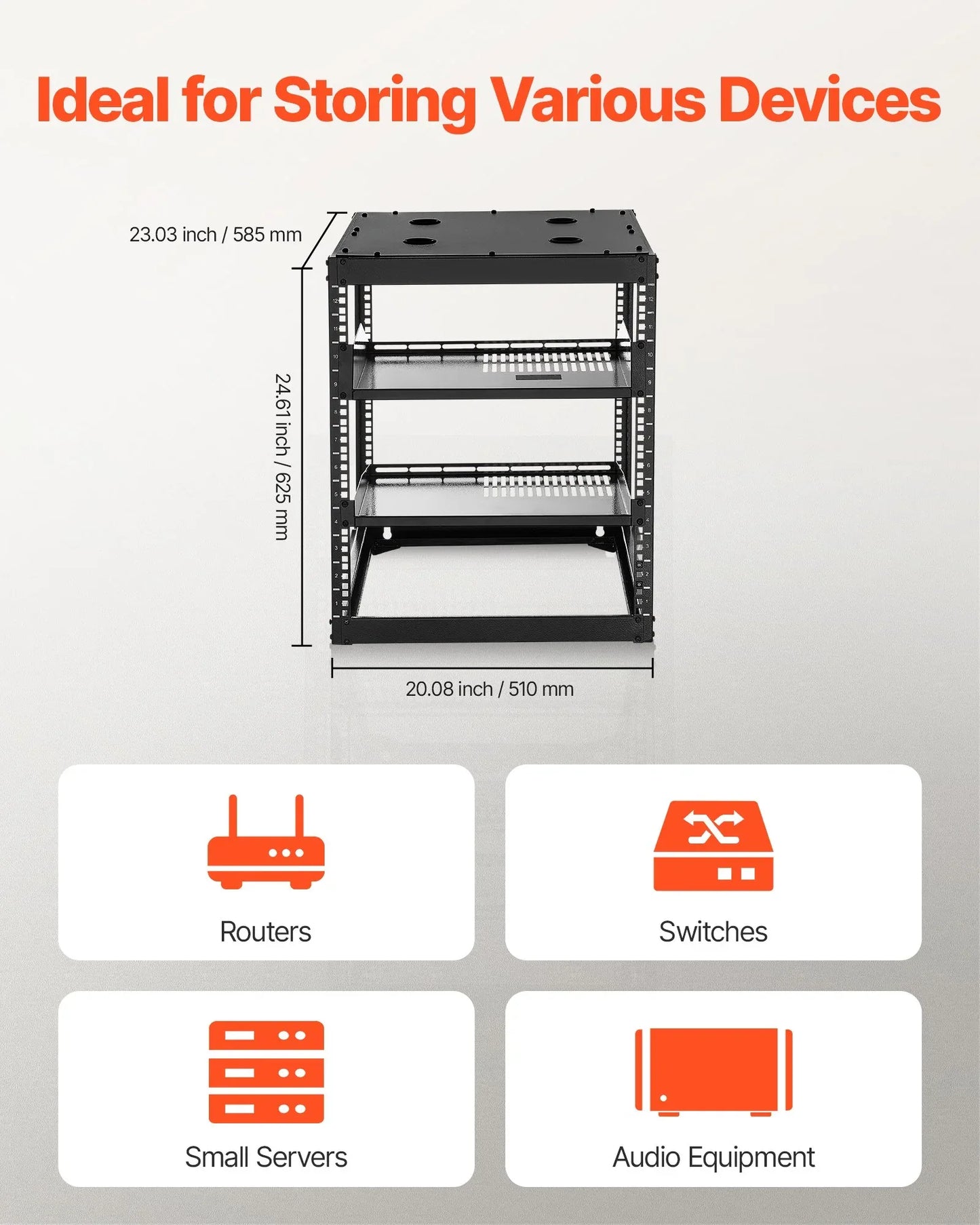 VEVOR 12U Open Frame Network Rack, 585 mm Depth, Wall Mounted or Floor Standing Server Rack, Heavy Duty 4 Post, with Vented Shelves & Mounting Hardware, Holds All Your Networking IT Equipment AV Gear - Mekamart Australia