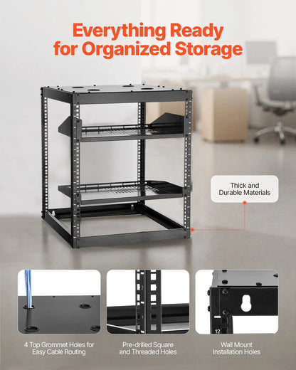 VEVOR 12U Open Frame Network Rack, 585 mm Depth, Wall Mounted or Floor Standing Server Rack, Heavy Duty 4 Post, with Vented Shelves & Mounting Hardware, Holds All Your Networking IT Equipment AV Gear - Mekamart Australia
