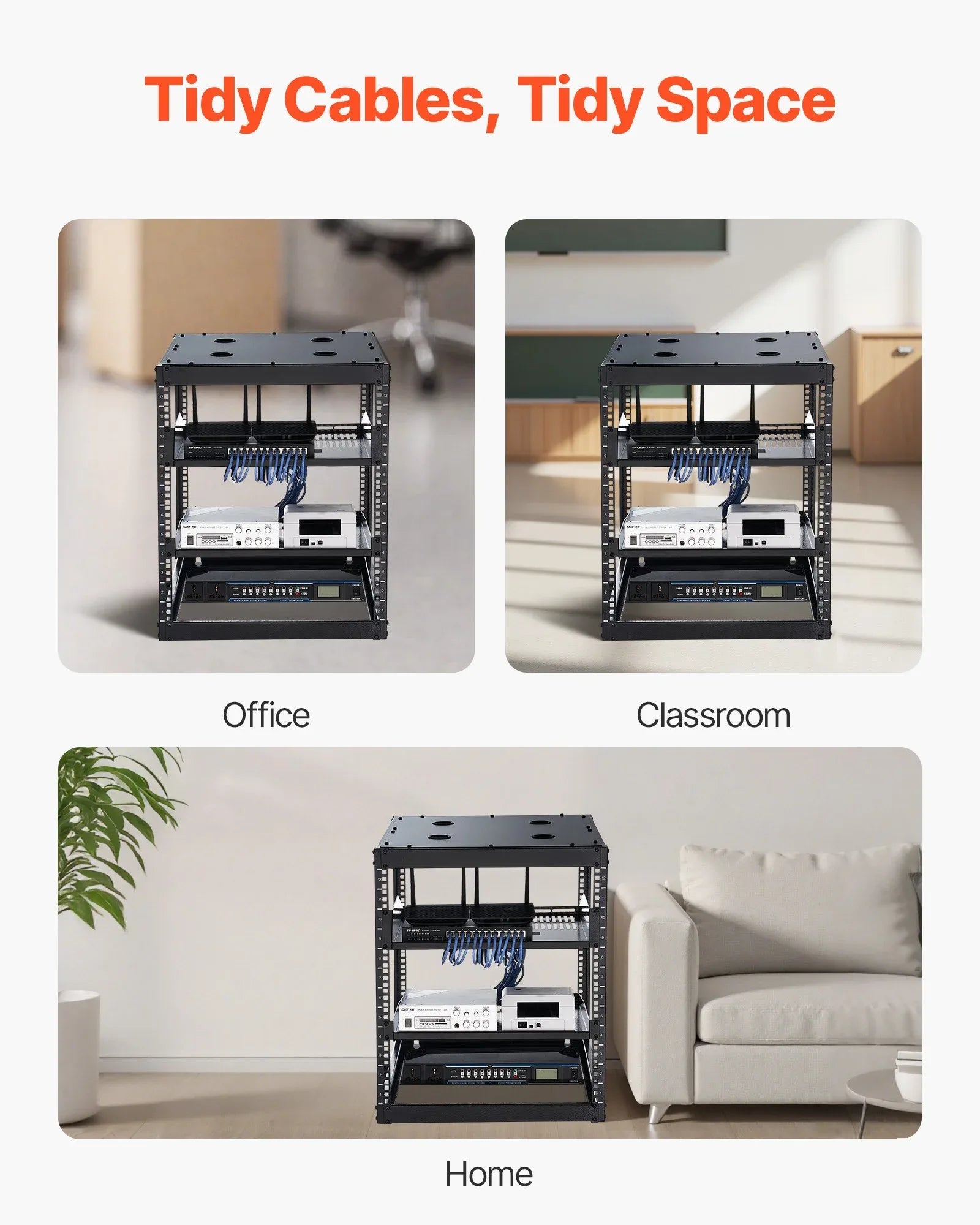 VEVOR 12U Open Frame Network Rack, 585 mm Depth, Wall Mounted or Floor Standing Server Rack, Heavy Duty 4 Post, with Vented Shelves & Mounting Hardware, Holds All Your Networking IT Equipment AV Gear - Mekamart Australia