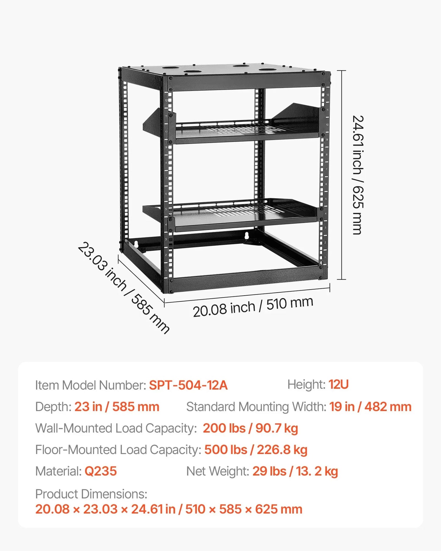 VEVOR 12U Open Frame Network Rack, 585 mm Depth, Wall Mounted or Floor Standing Server Rack, Heavy Duty 4 Post, with Vented Shelves & Mounting Hardware, Holds All Your Networking IT Equipment AV Gear - Mekamart Australia