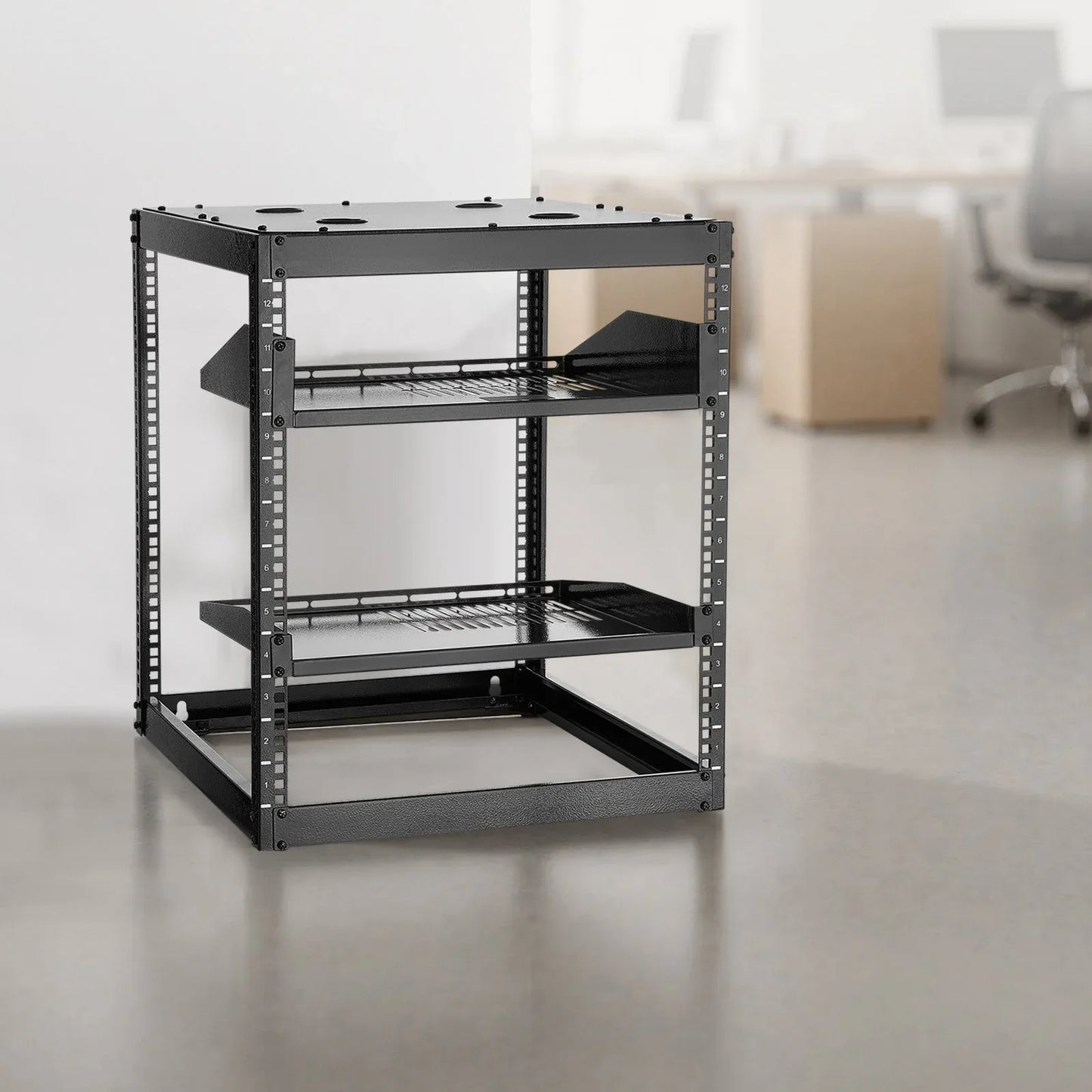 VEVOR 12U Open Frame Network Rack, 585 mm Depth, Wall Mounted or Floor Standing Server Rack, Heavy Duty 4 Post, with Vented Shelves & Mounting Hardware, Holds All Your Networking IT Equipment AV Gear - Mekamart Australia
