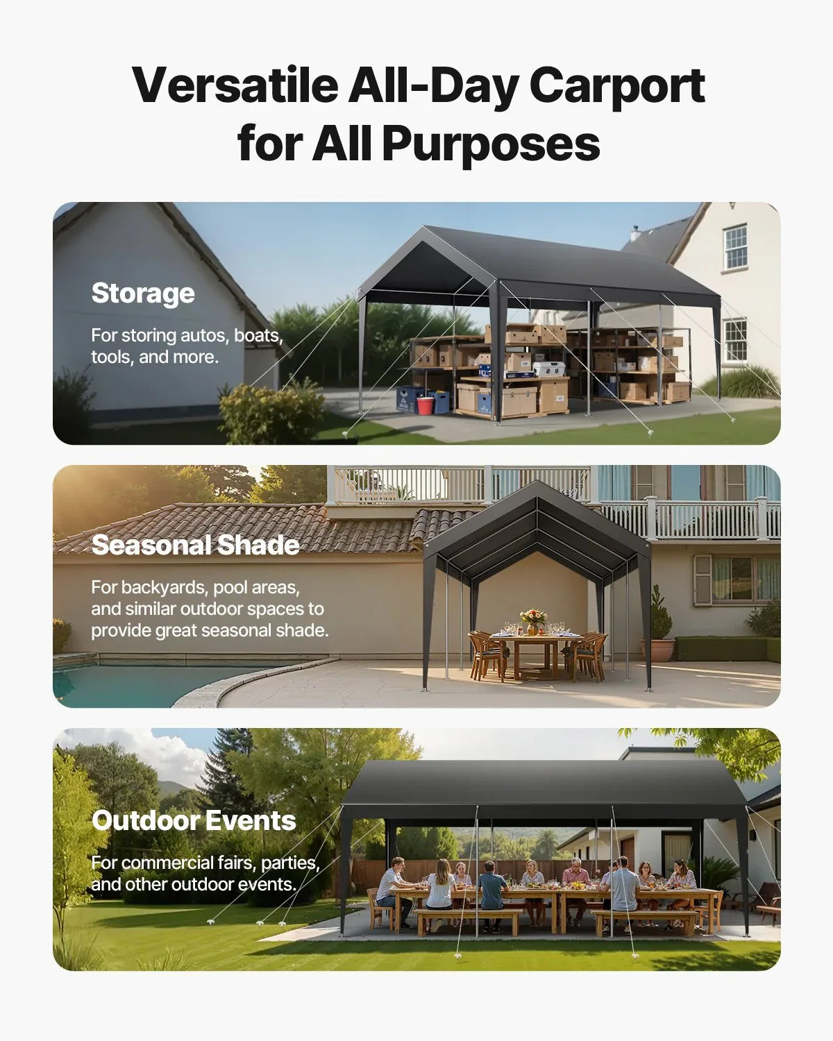 VEVOR Carport Car Canopy 10 x 20 FT Heavy Duty Portable Car Shelter Tent Grey - Mekamart Australia