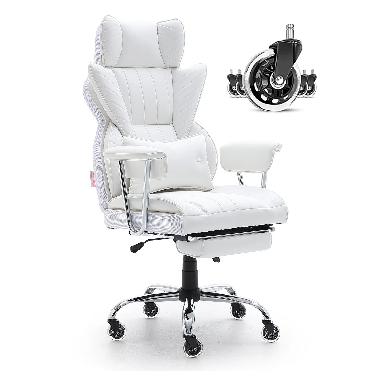 VEVOR Reclining Office Chair with Footrest, Heavy Duty PU Leather Wide Office Chair, Big and Tall Executive Office Chairs with Lumbar Support, Strong Metal Base Quiet Wheels, White - Mekamart Australia