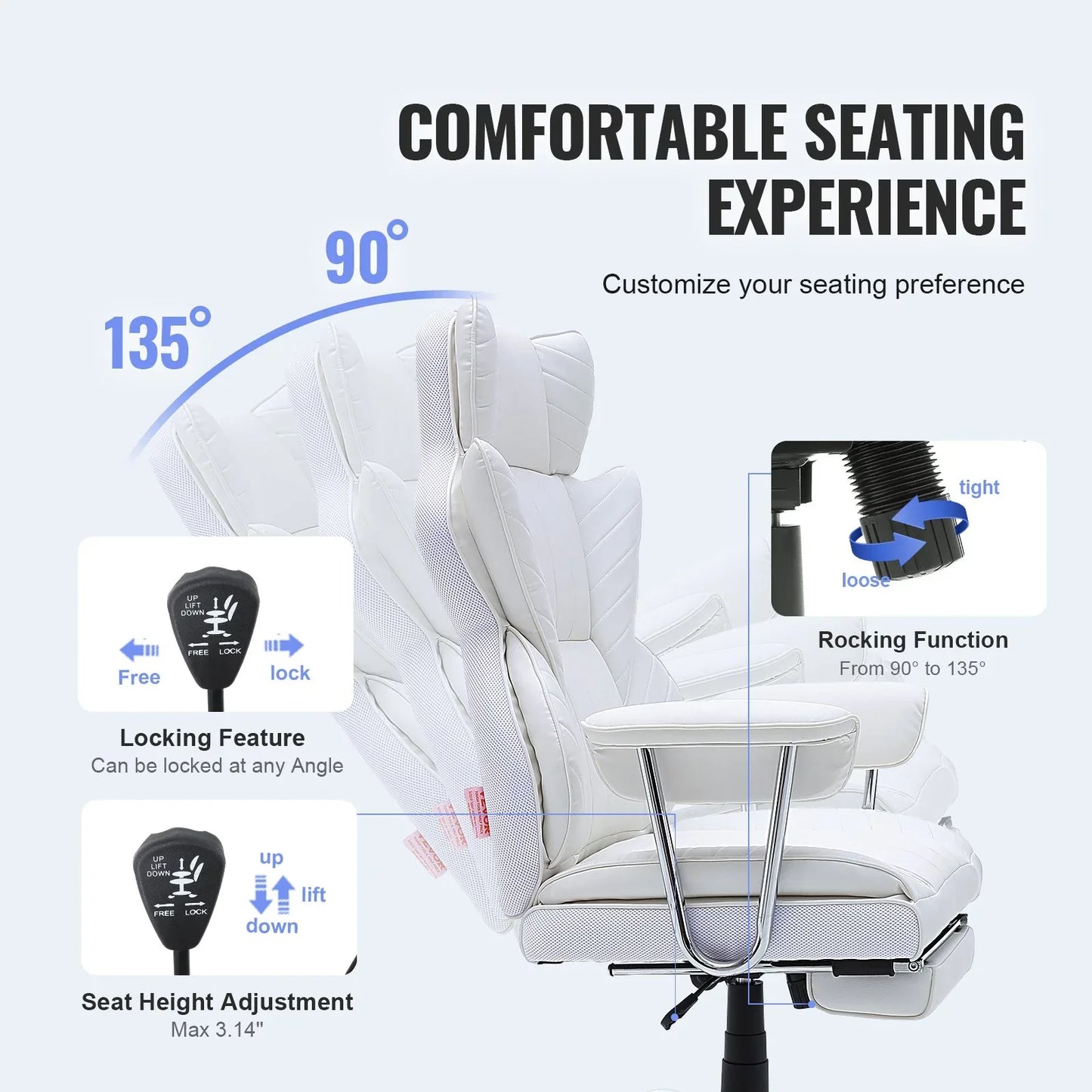 VEVOR Reclining Office Chair with Footrest, Heavy Duty PU Leather Wide Office Chair, Big and Tall Executive Office Chairs with Lumbar Support, Strong Metal Base Quiet Wheels, White - Mekamart Australia