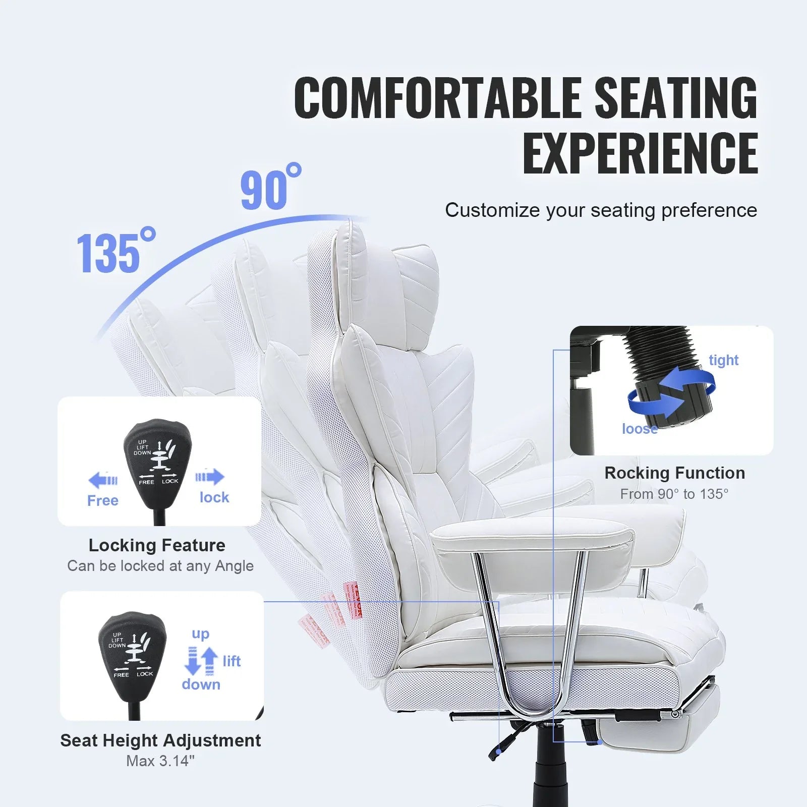 VEVOR Reclining Office Chair with Footrest, Heavy Duty PU Leather Wide Office Chair, Big and Tall Executive Office Chairs with Lumbar Support, Strong Metal Base Quiet Wheels, White - Mekamart Australia