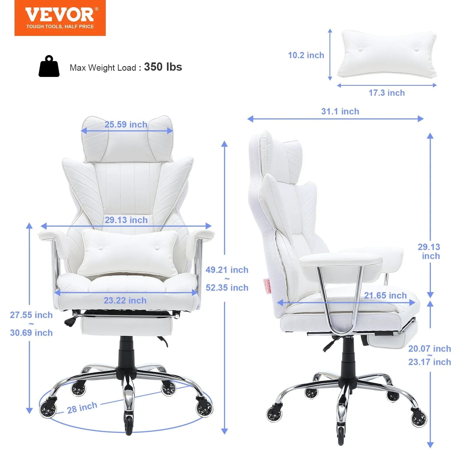 VEVOR Reclining Office Chair with Footrest, Heavy Duty PU Leather Wide Office Chair, Big and Tall Executive Office Chairs with Lumbar Support, Strong Metal Base Quiet Wheels, White - Mekamart Australia