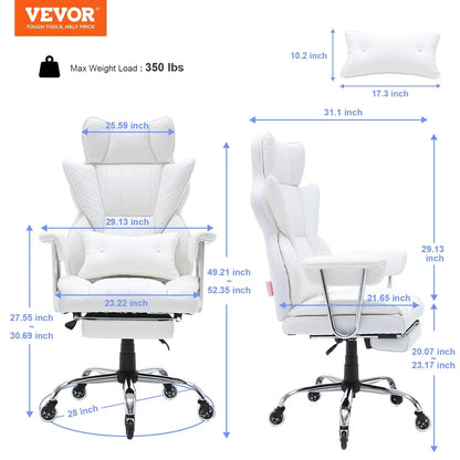 VEVOR Reclining Office Chair with Footrest, Heavy Duty PU Leather Wide Office Chair, Big and Tall Executive Office Chairs with Lumbar Support, Strong Metal Base Quiet Wheels, White - Mekamart Australia