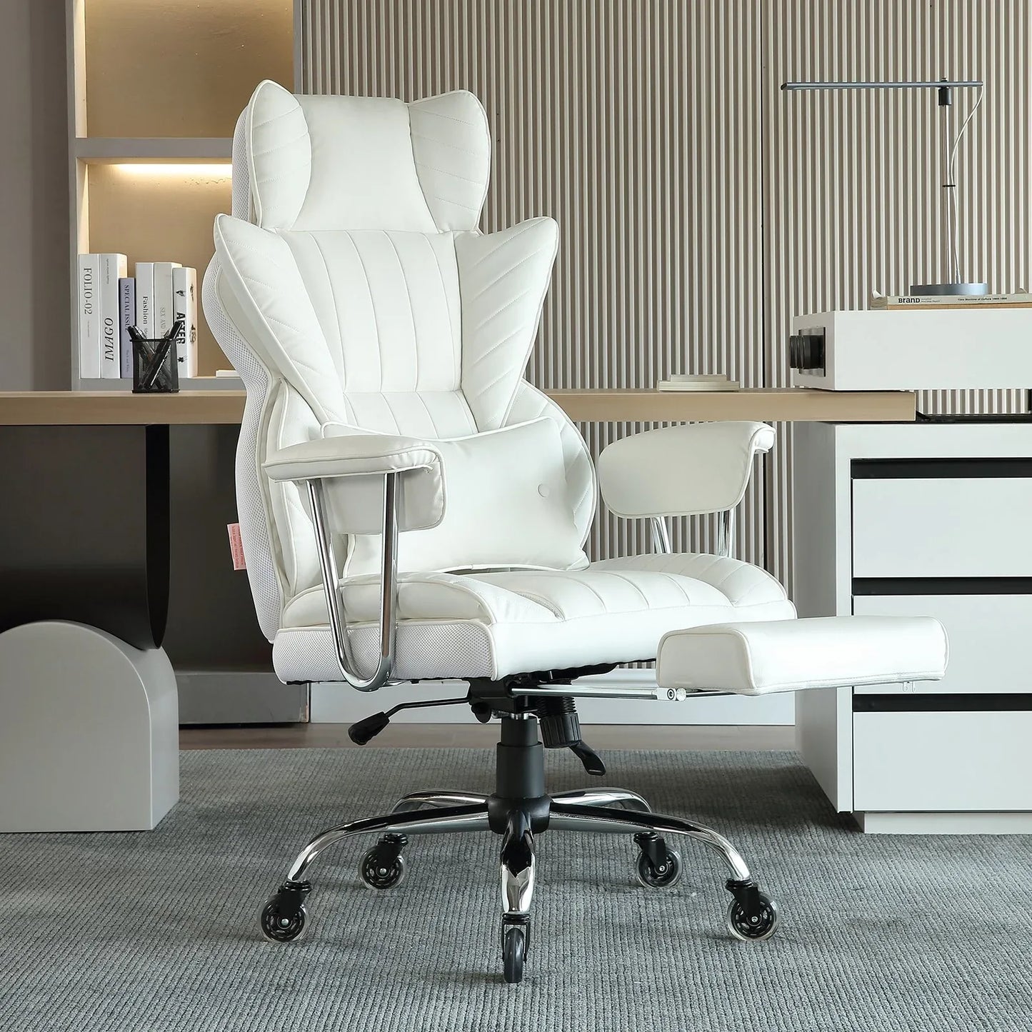 VEVOR Reclining Office Chair with Footrest, Heavy Duty PU Leather Wide Office Chair, Big and Tall Executive Office Chairs with Lumbar Support, Strong Metal Base Quiet Wheels, White - Mekamart Australia