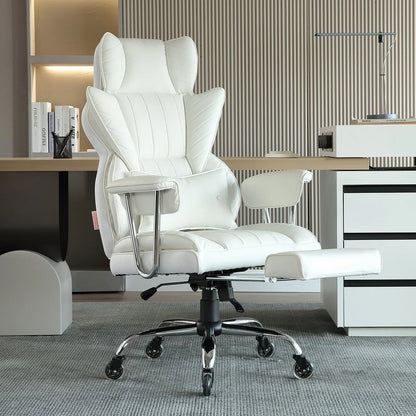 VEVOR Reclining Office Chair with Footrest, Heavy Duty PU Leather Wide Office Chair, Big and Tall Executive Office Chairs with Lumbar Support, Strong Metal Base Quiet Wheels, White - Mekamart Australia