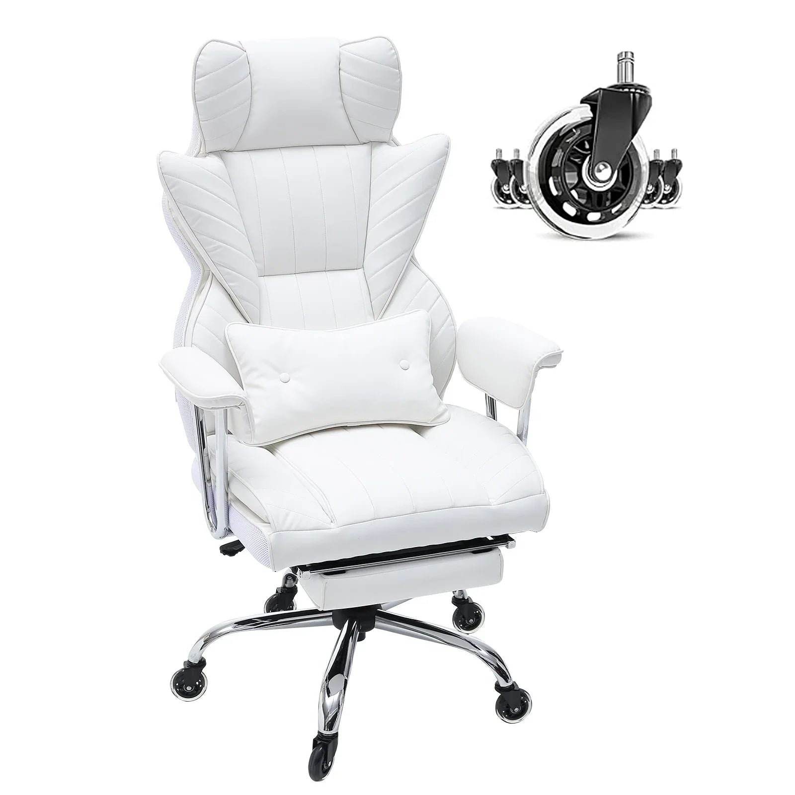VEVOR Reclining Office Chair with Footrest, Heavy Duty PU Leather Wide Office Chair, Big and Tall Executive Office Chairs with Lumbar Support, Strong Metal Base Quiet Wheels, White - Mekamart Australia