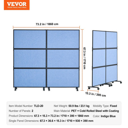 VEVOR Acoustic Room Divider Partition Panel Privacy Screen 2 Pack Indigo Blue - Mekamart Australia