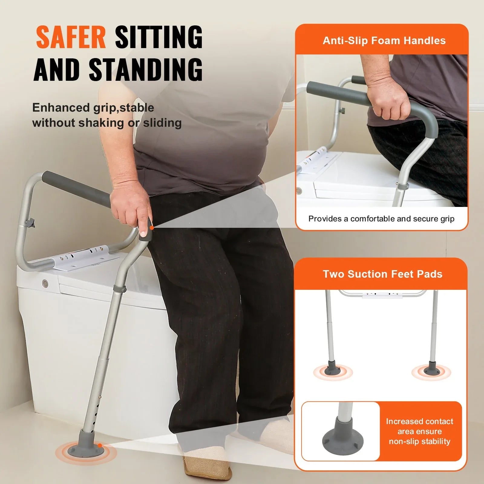 VEVOR Toilet Safety Rail, Bathroom Toilet Seat Frame, Adjustable Width & Height Fit Most Toilets, Supports 136 kg, Toilet Handles Grab Bars with Padded Armrests for Handicap, Disabled, Seniors - Mekamart Australia