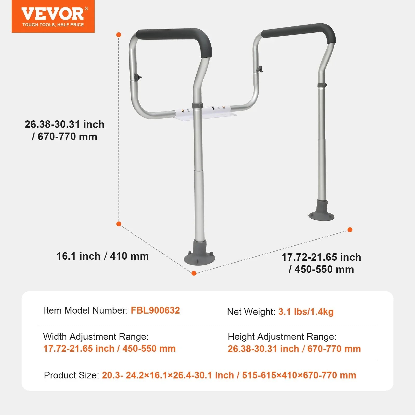 VEVOR Toilet Safety Rail, Bathroom Toilet Seat Frame, Adjustable Width & Height Fit Most Toilets, Supports 136 kg, Toilet Handles Grab Bars with Padded Armrests for Handicap, Disabled, Seniors - Mekamart Australia