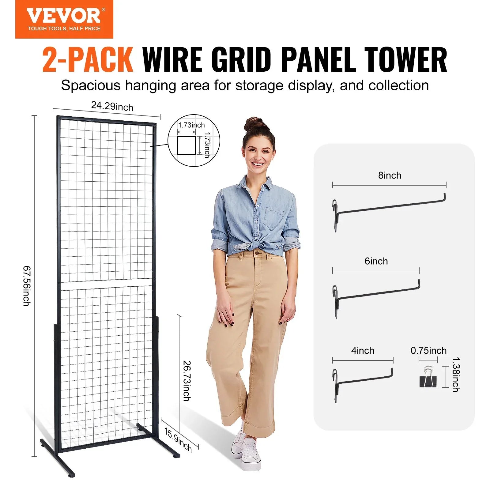 VEVOR 2' x 5.6' Grid Wall Panels Tower, 2 Packs Wire Gridwall Display Racks with T-Base Floorstanding, Double Side Gridwall Panels for Art Craft Shows, Retail Display with Extra Clips and Hooks - Mekamart Australia