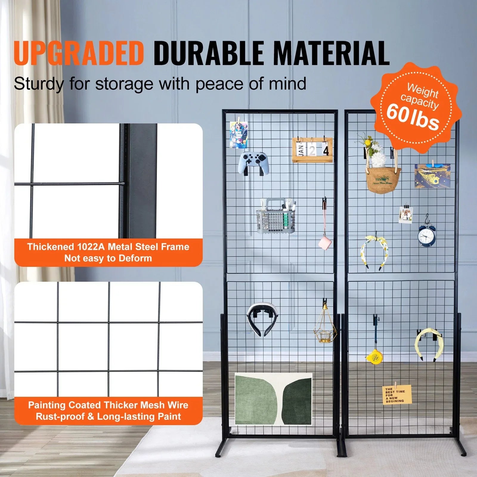 VEVOR 2' x 5.6' Grid Wall Panels Tower, 2 Packs Wire Gridwall Display Racks with T-Base Floorstanding, Double Side Gridwall Panels for Art Craft Shows, Retail Display with Extra Clips and Hooks - Mekamart Australia