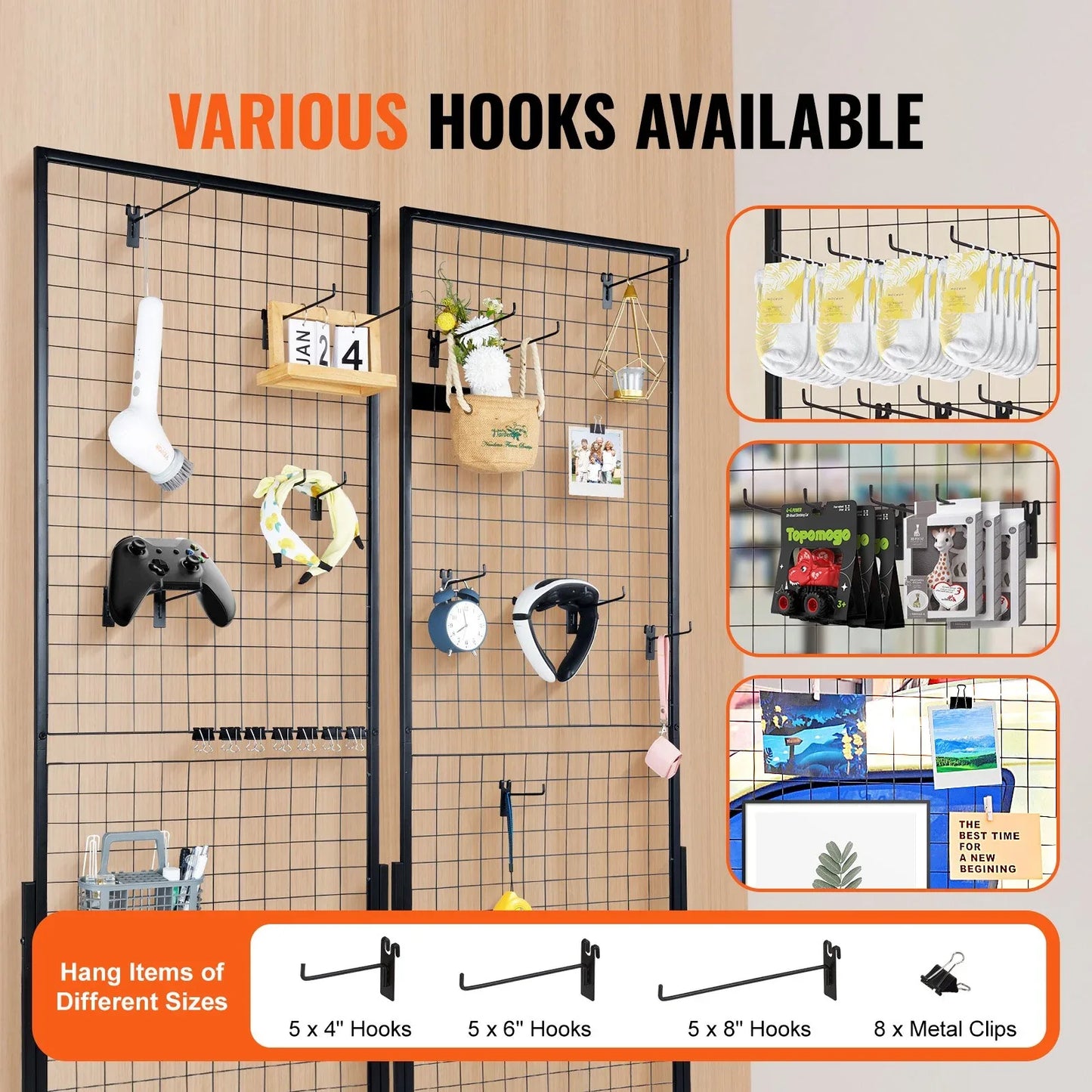 VEVOR 2' x 5.6' Grid Wall Panels Tower, 2 Packs Wire Gridwall Display Racks with T-Base Floorstanding, Double Side Gridwall Panels for Art Craft Shows, Retail Display with Extra Clips and Hooks - Mekamart Australia