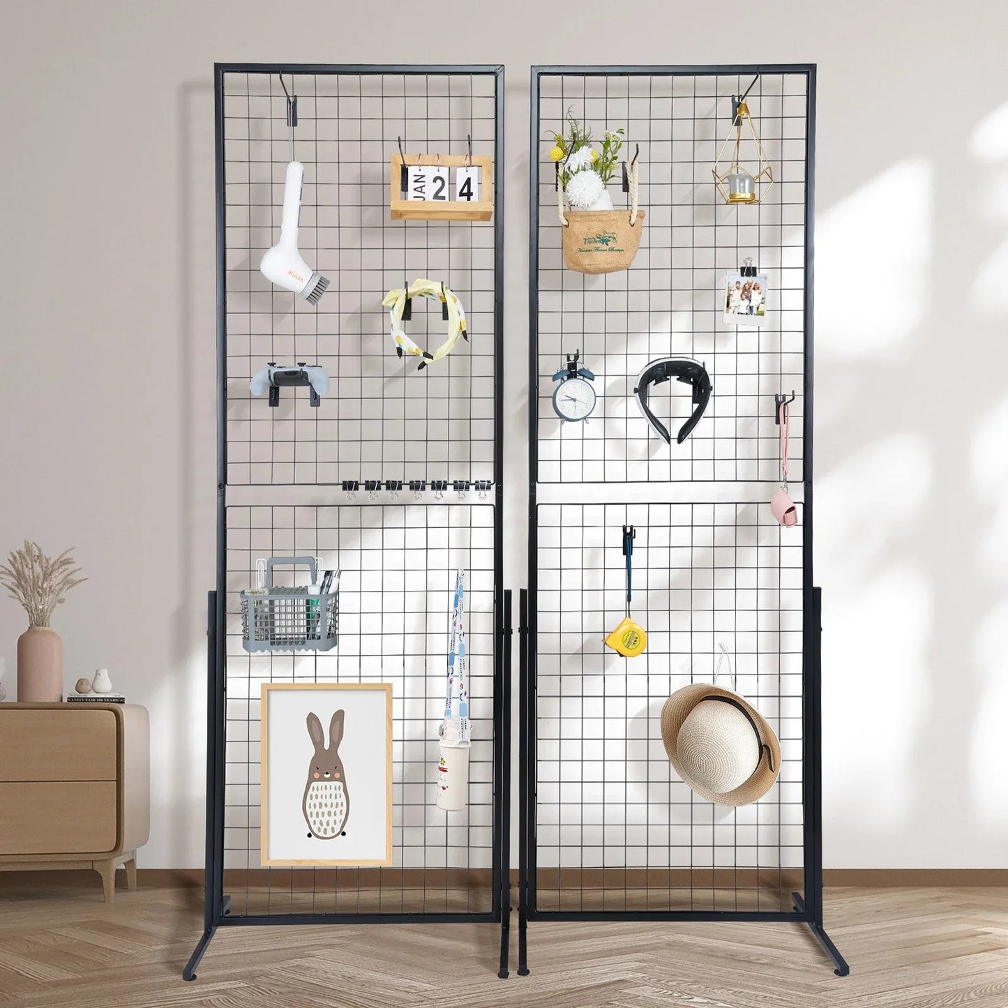 VEVOR 2' x 5.6' Grid Wall Panels Tower, 2 Packs Wire Gridwall Display Racks with T-Base Floorstanding, Double Side Gridwall Panels for Art Craft Shows, Retail Display with Extra Clips and Hooks - Mekamart Australia