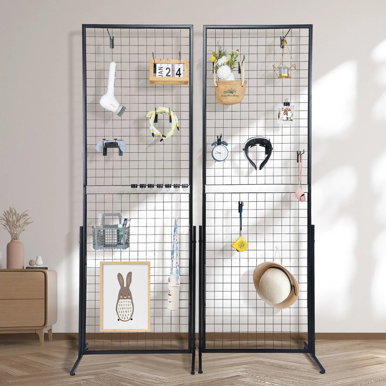 VEVOR 2' x 5.6' Grid Wall Panels Tower, 2 Packs Wire Gridwall Display Racks with T-Base Floorstanding, Double Side Gridwall Panels for Art Craft Shows, Retail Display with Extra Clips and Hooks - Mekamart Australia