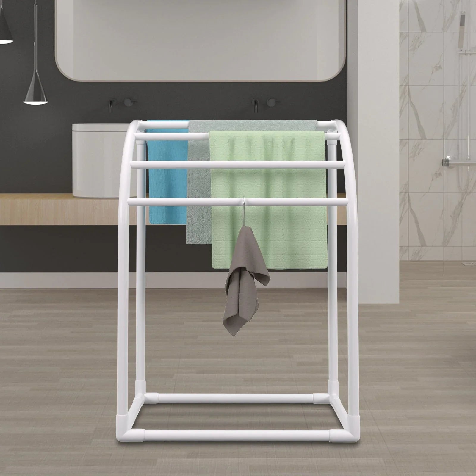 VEVOR Pool Towel Rack, 5 Bar, Milky, Freestanding Outdoor PVC Curved Poolside Storage Organizer, Include 8 Towel Clips, Mesh Bag, Hook, Also Stores Floats and Paddles, for Beach, Swimming Pool, Home - Mekamart Australia