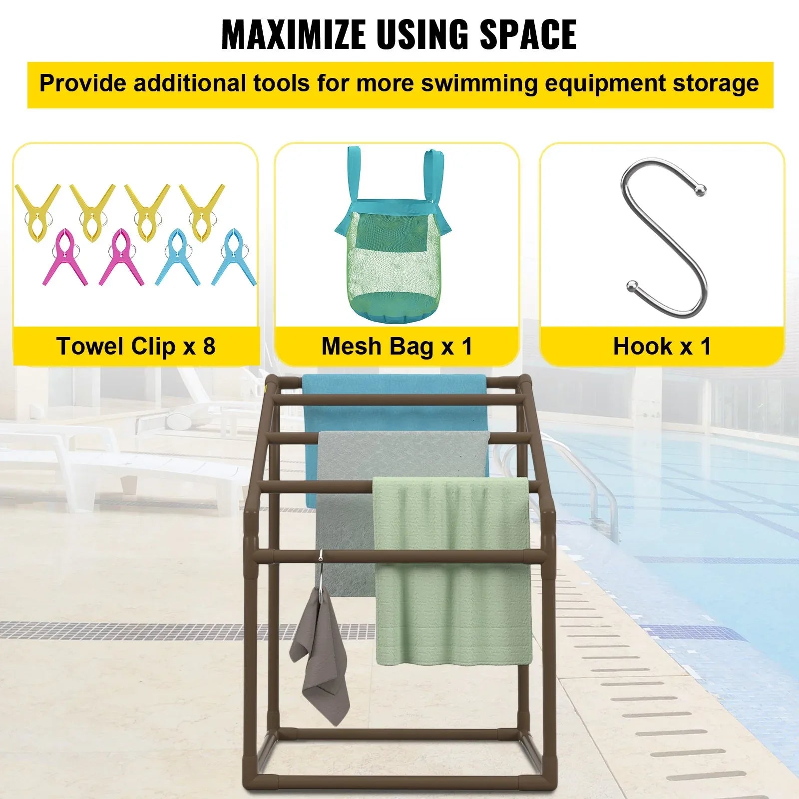 VEVOR Pool Towel Rack, 5 Bar, Brown, Freestanding Outdoor PVC Trapedozal Poolside Storage Organizer, Include 8 Towel Clips, Mesh Bag, Hook, Also Stores Floats and Paddles, for Beach, Swimming Pool - Mekamart Australia