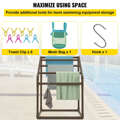 VEVOR Pool Towel Rack, 5 Bar, Brown, Freestanding Outdoor PVC Trapedozal Poolside Storage Organizer, Include 8 Towel Clips, Mesh Bag, Hook, Also Stores Floats and Paddles, for Beach, Swimming Pool - Mekamart Australia