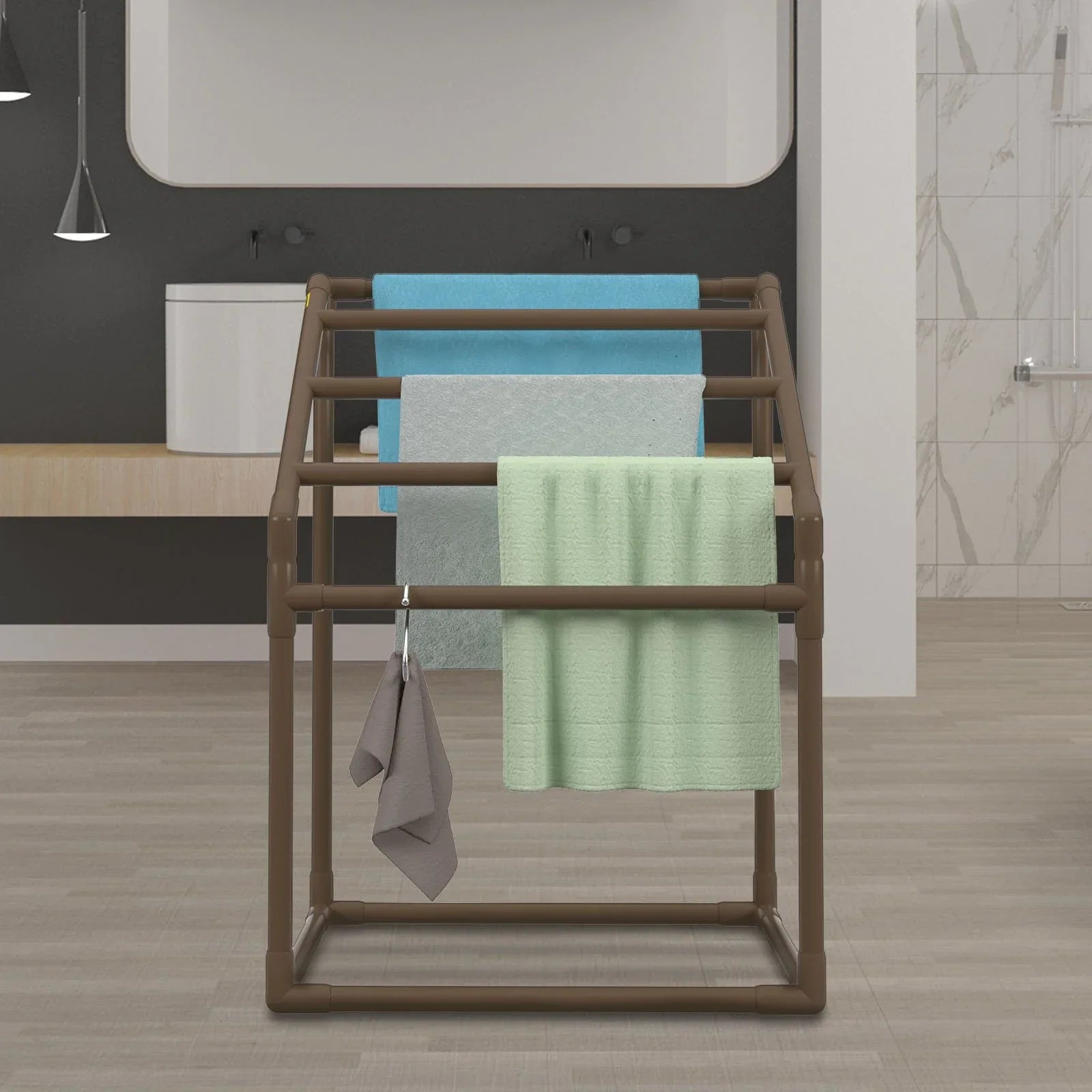 VEVOR Pool Towel Rack, 5 Bar, Brown, Freestanding Outdoor PVC Trapedozal Poolside Storage Organizer, Include 8 Towel Clips, Mesh Bag, Hook, Also Stores Floats and Paddles, for Beach, Swimming Pool - Mekamart Australia