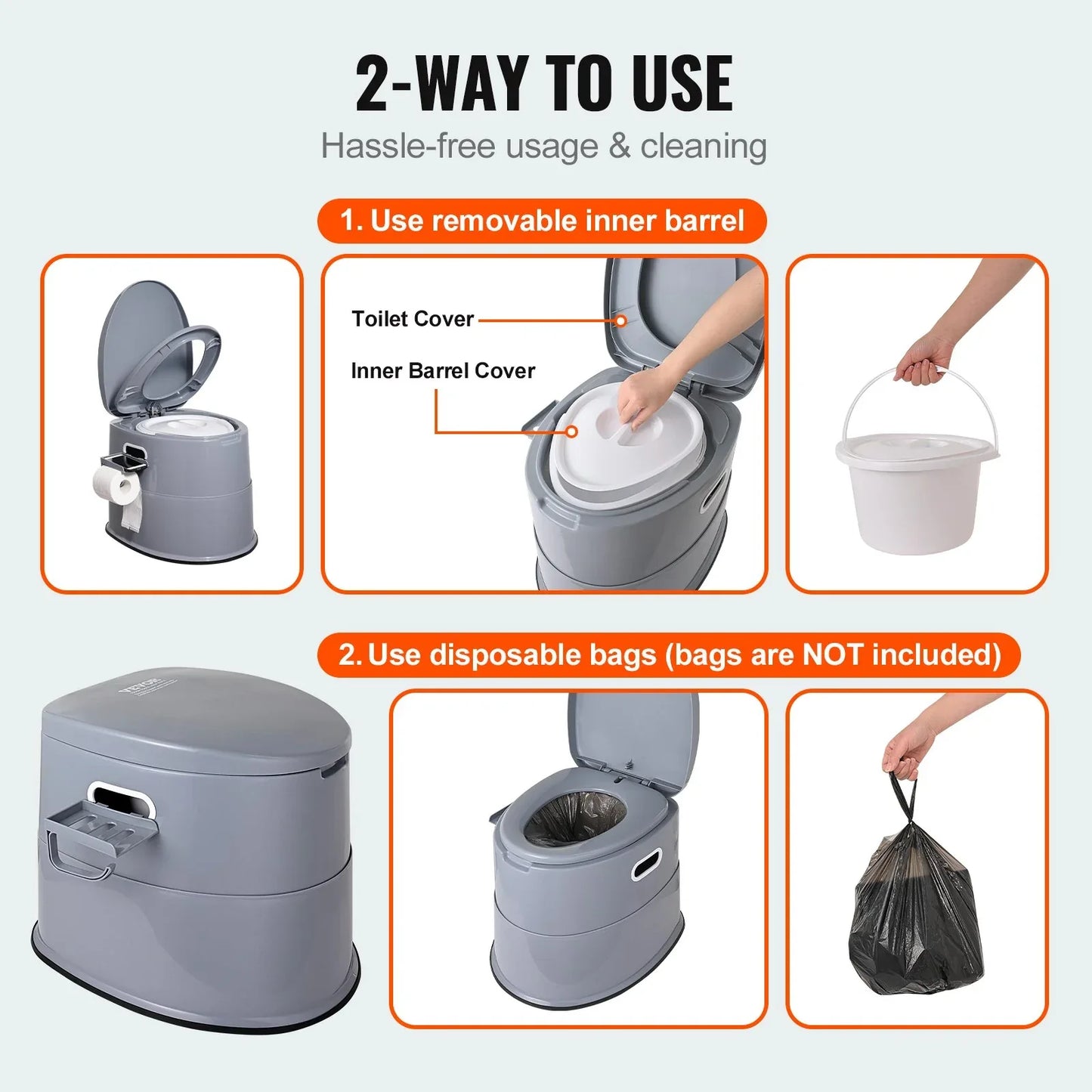 VEVOR Portable Toilet for Camping, Porta Potty with 5L Detachable Inner Bucket & Removable Paper Holder, Commode with Dual Lids, Travel Toilet for Adults Kids Outdoor Camping Car Long Road Trips - Mekamart Australia