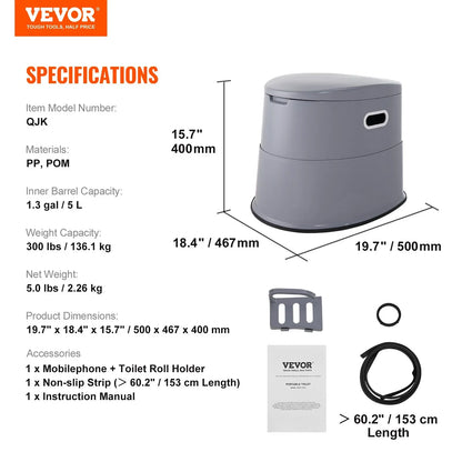 VEVOR Portable Toilet for Camping, Porta Potty with 5L Detachable Inner Bucket & Removable Paper Holder, Commode with Dual Lids, Travel Toilet for Adults Kids Outdoor Camping Car Long Road Trips - Mekamart Australia