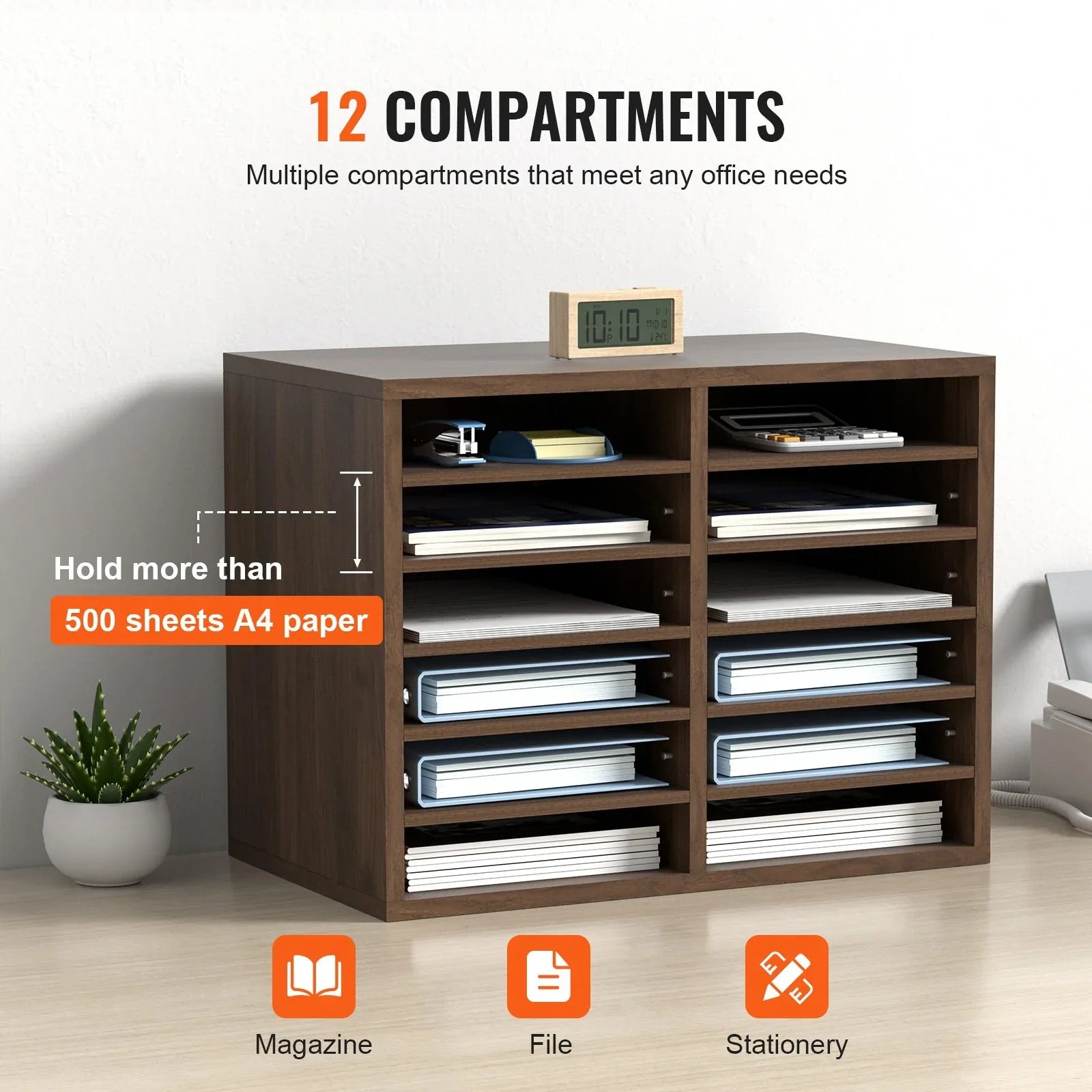 VEVOR Wood Literature Organizer Adjustable File Sorter 12 Compartments Brown - Mekamart Australia