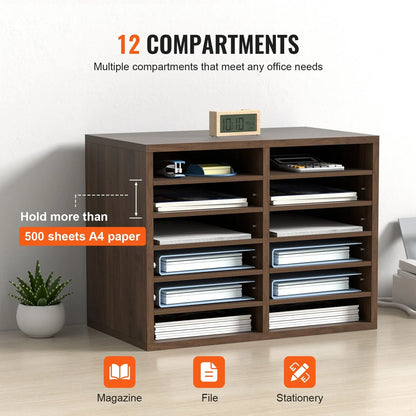 VEVOR Wood Literature Organizer Adjustable File Sorter 12 Compartments Brown - Mekamart Australia