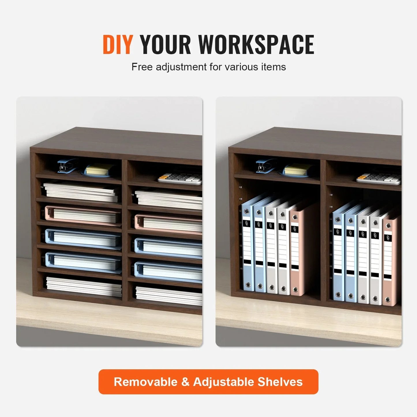 VEVOR Wood Literature Organizer Adjustable File Sorter 12 Compartments Brown - Mekamart Australia