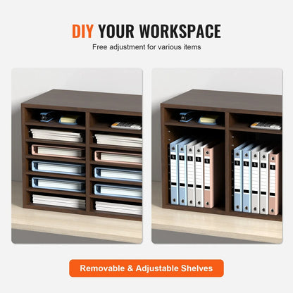 VEVOR Wood Literature Organizer Adjustable File Sorter 12 Compartments Brown - Mekamart Australia
