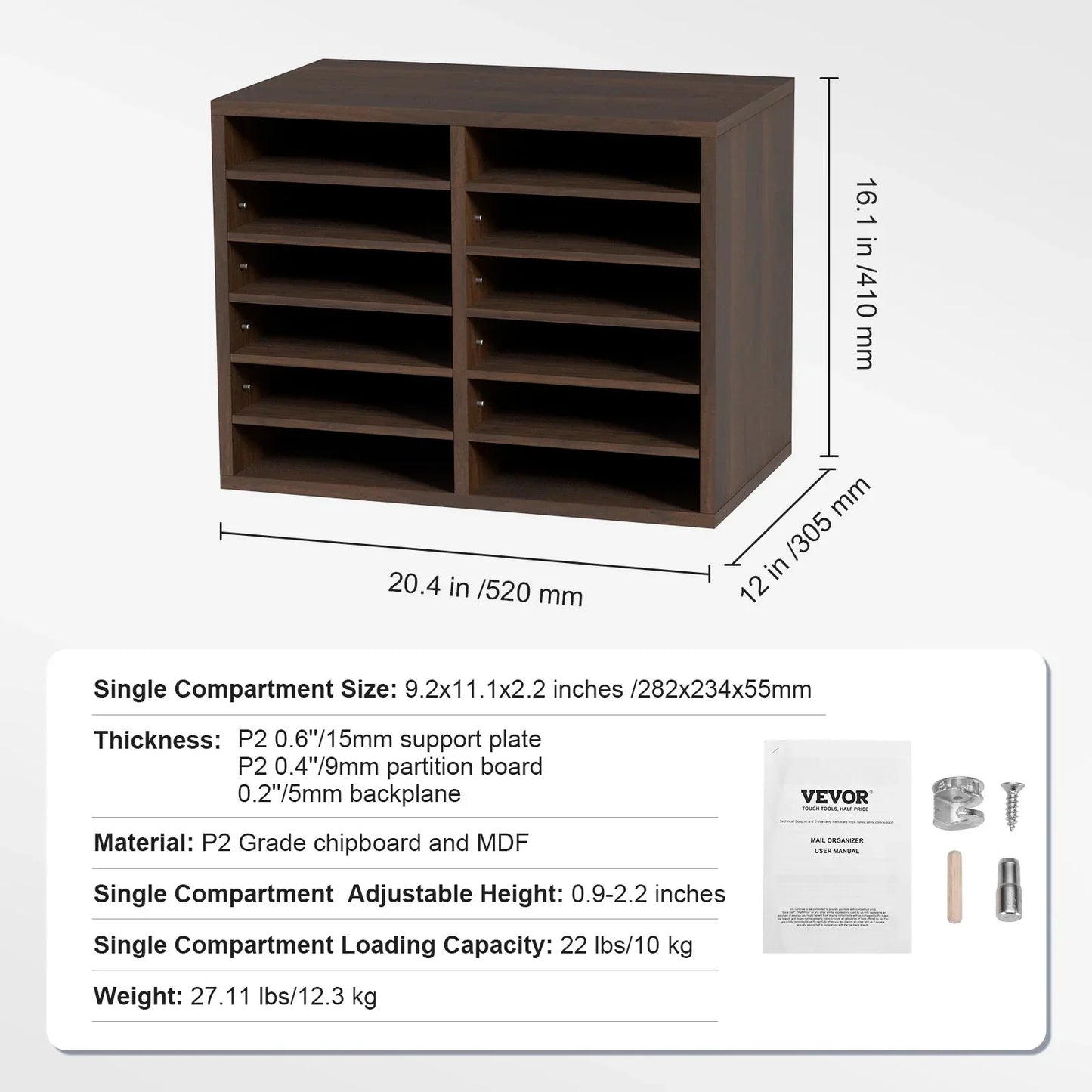 VEVOR Wood Literature Organizer Adjustable File Sorter 12 Compartments Brown - Mekamart Australia