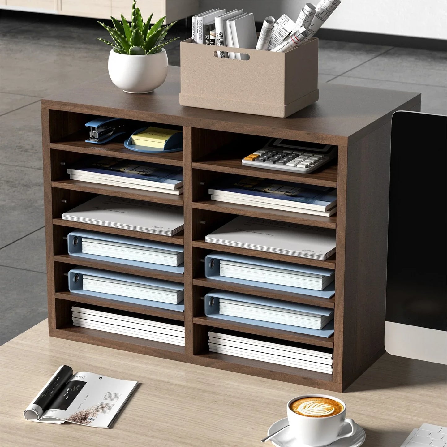 VEVOR Wood Literature Organizer Adjustable File Sorter 12 Compartments Brown - Mekamart Australia