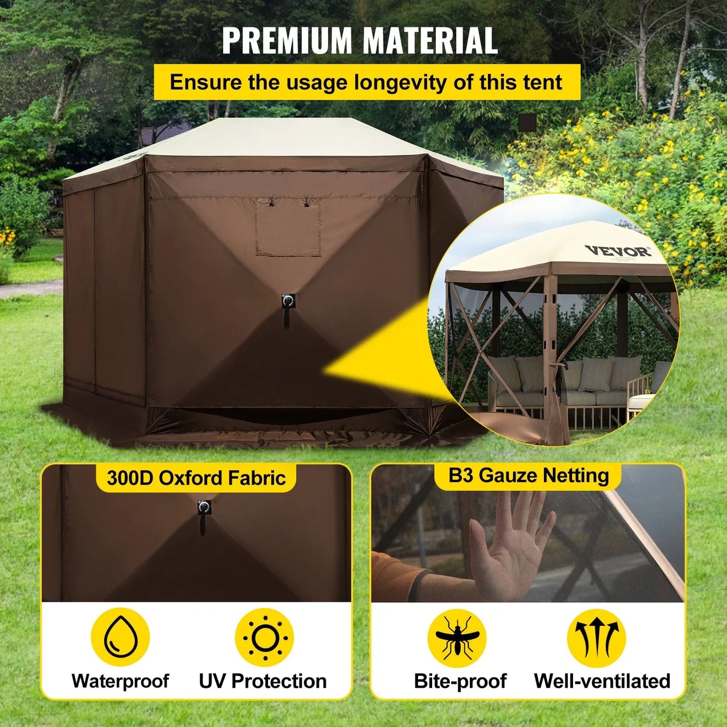 VEVOR Pop-up Camping Gazebo Camping Canopy Shelter 6 Sided 10' x 10' Sun Shade - Mekamart Australia