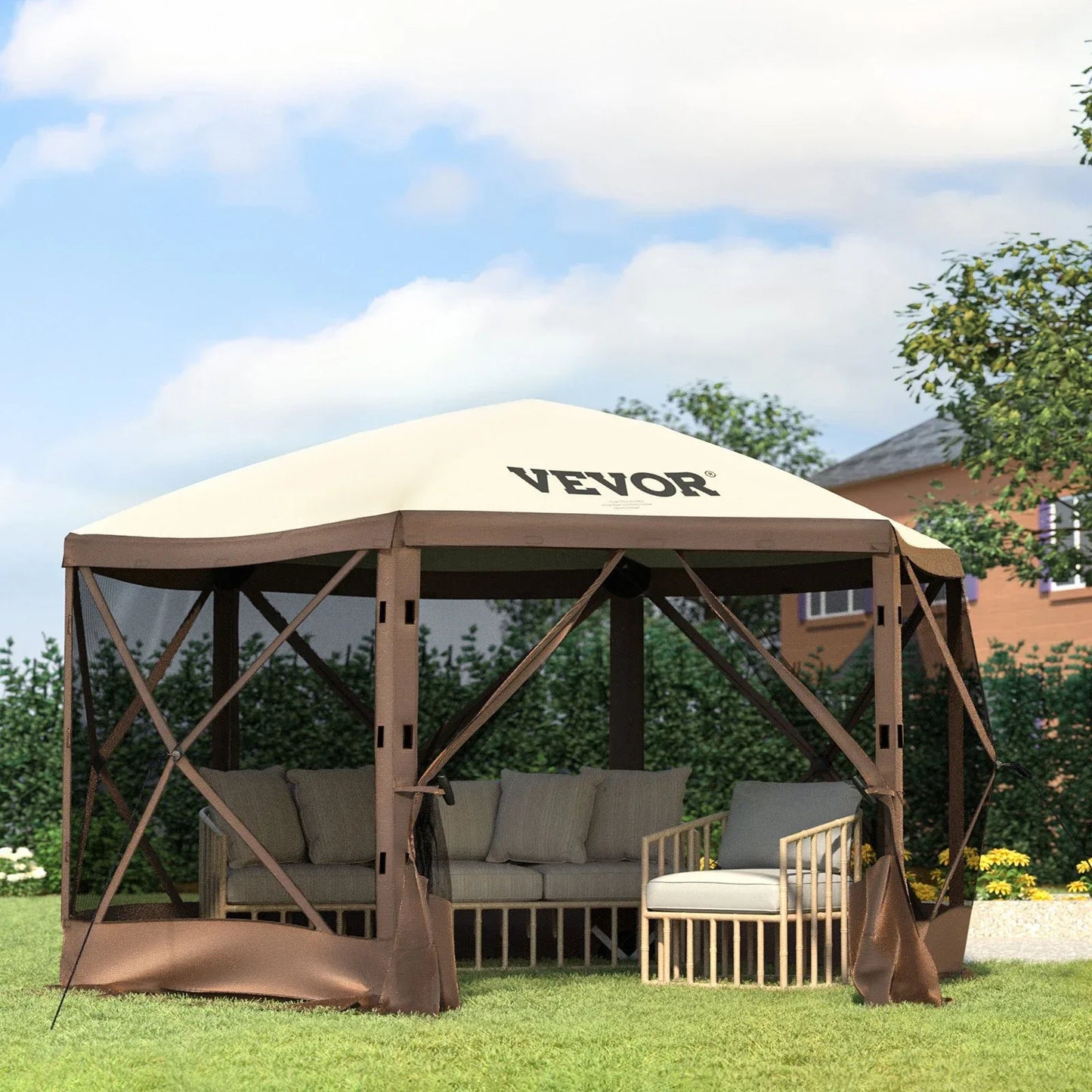 VEVOR Pop-up Camping Gazebo Camping Canopy Shelter 6 Sided 10' x 10' Sun Shade - Mekamart Australia
