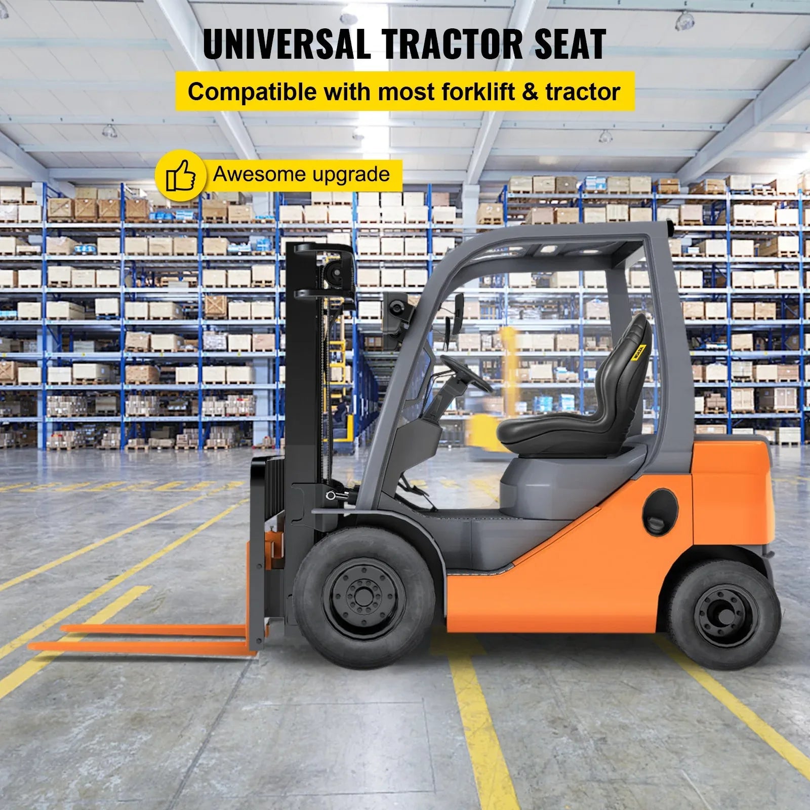 VEVOR Universal Lawn Tractor Seat Replacement, Compact High Back Mower Seat, Black Vinyl Forklift Seat, Central Drain Hole Skid Steer Seat with Mounting Bolt Patterns of 8" x 11.5" & 11.25" x 11.5" - Mekamart Australia