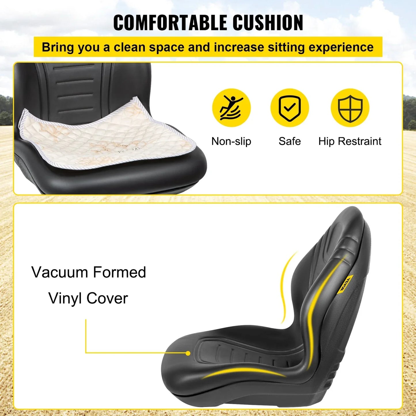 VEVOR Universal Lawn Tractor Seat Replacement, Compact High Back Mower Seat, Black Vinyl Forklift Seat, Central Drain Hole Skid Steer Seat with Mounting Bolt Patterns of 8" x 11.5" & 11.25" x 11.5" - Mekamart Australia