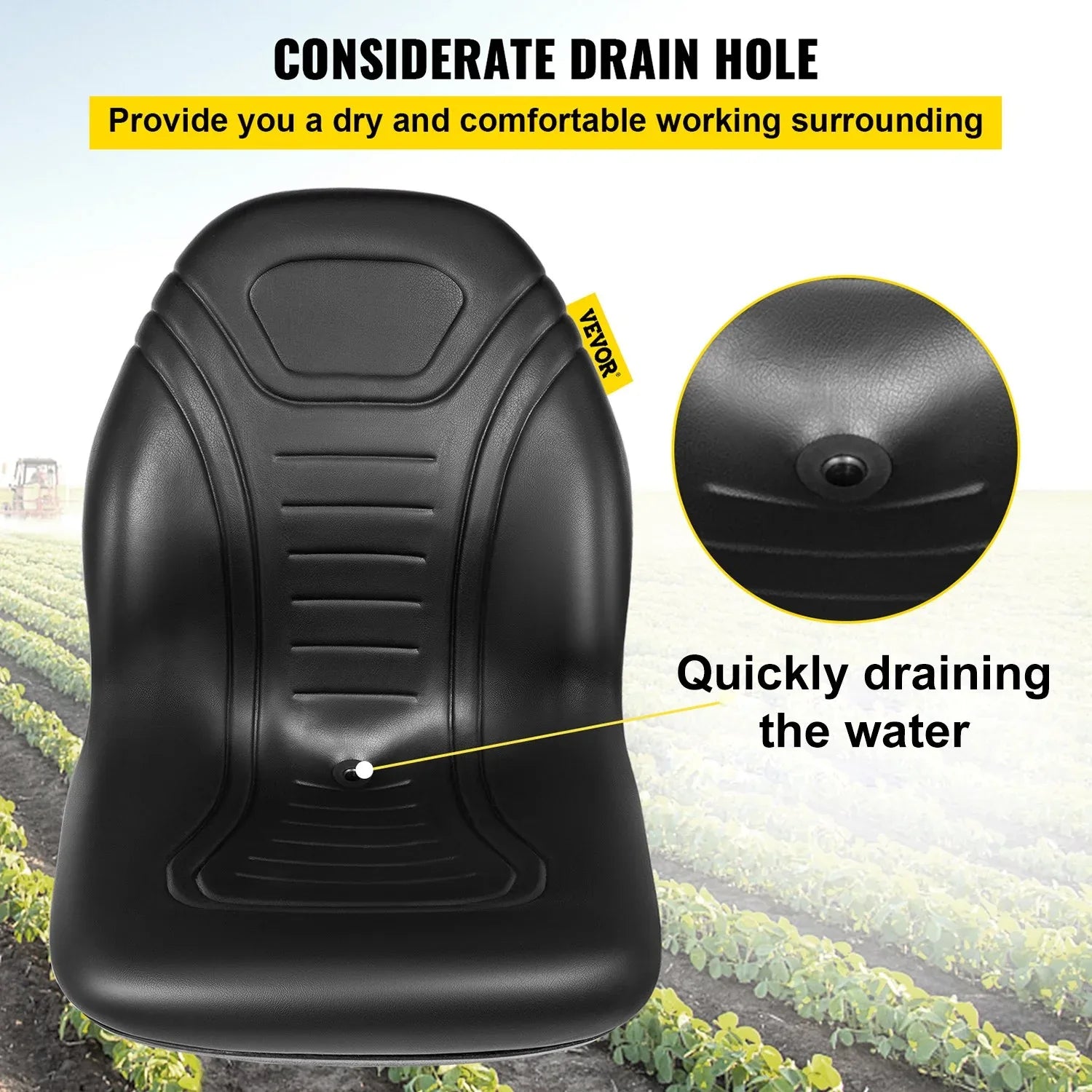 VEVOR Universal Lawn Tractor Seat Replacement, Compact High Back Mower Seat, Black Vinyl Forklift Seat, Central Drain Hole Skid Steer Seat with Mounting Bolt Patterns of 8" x 11.5" & 11.25" x 11.5" - Mekamart Australia