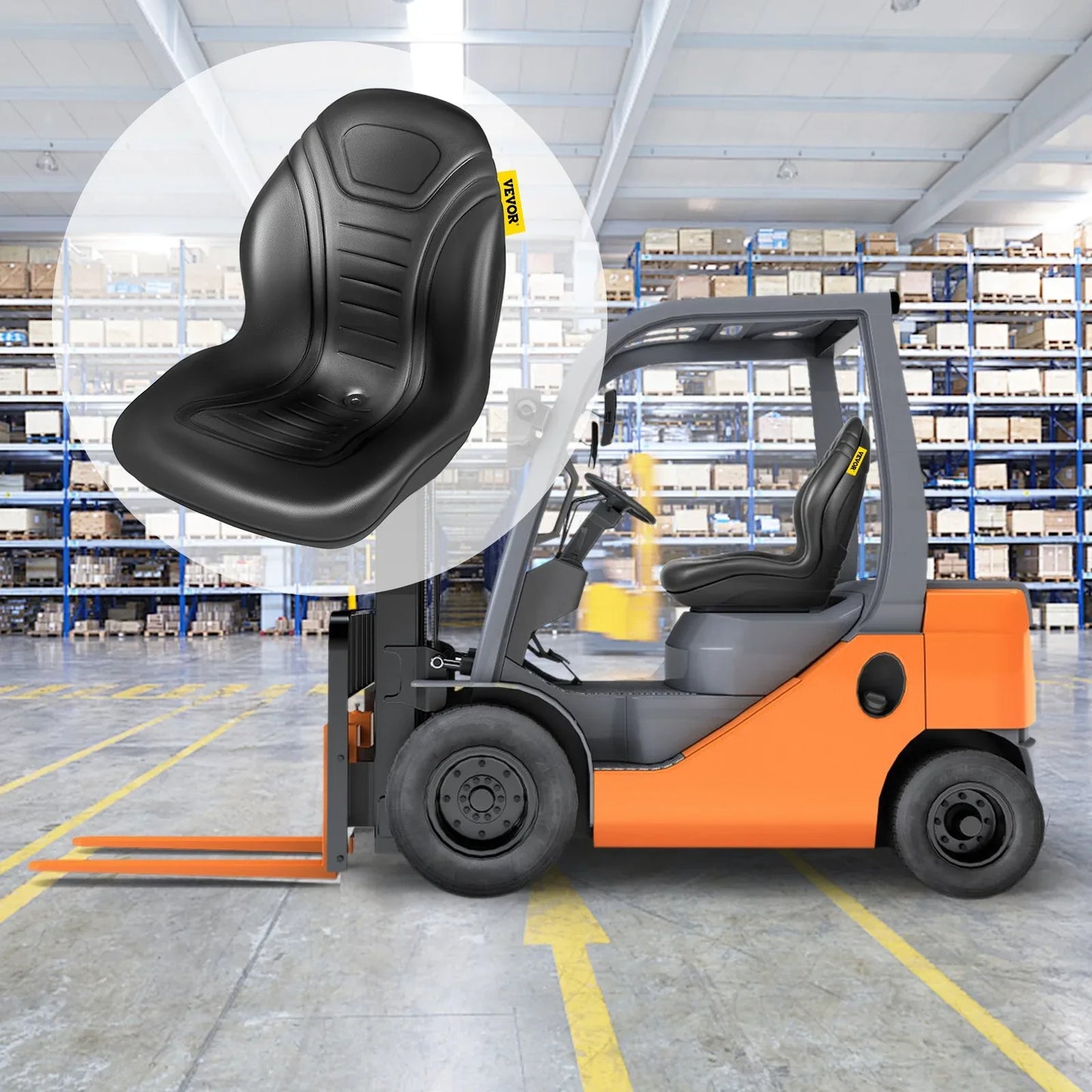 VEVOR Universal Lawn Tractor Seat Replacement, Compact High Back Mower Seat, Black Vinyl Forklift Seat, Central Drain Hole Skid Steer Seat with Mounting Bolt Patterns of 8" x 11.5" & 11.25" x 11.5" - Mekamart Australia