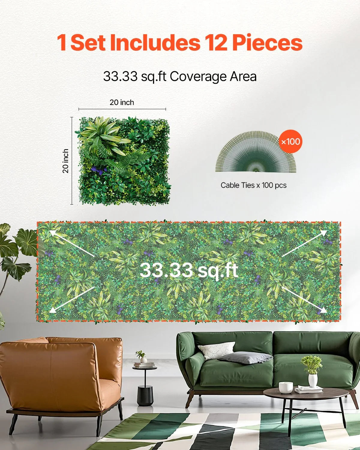 VEVOR Artificial Grass Wall Panels, 12 PCS 20 x 20 inch, 3D Combination Greenery Boxwood Panel for Indoor Outdoor Green Decor & Ivy Fence Covering, Privacy Backdrop Wall Hedge Screen for Garden - Mekamart Australia