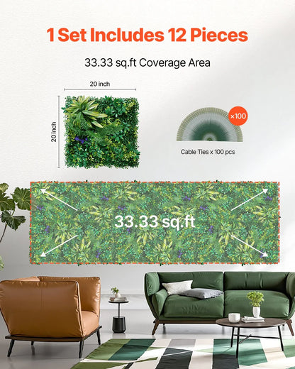 VEVOR Artificial Grass Wall Panels, 12 PCS 20 x 20 inch, 3D Combination Greenery Boxwood Panel for Indoor Outdoor Green Decor & Ivy Fence Covering, Privacy Backdrop Wall Hedge Screen for Garden - Mekamart Australia